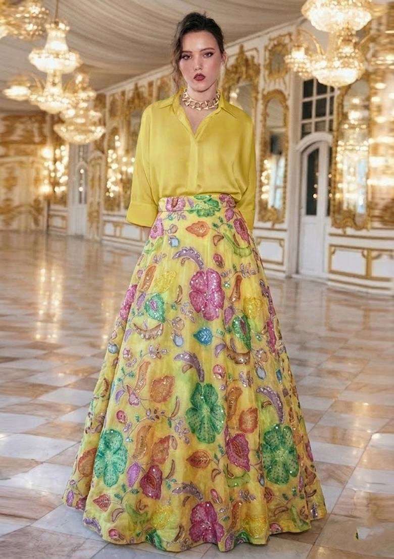 Pastel Yellow Lehenga Set with Printed for Diwali | Wedding & Festive Wear - Indya