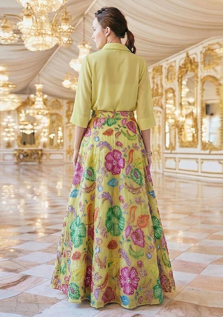 Olive Green Printed Lehenga Set - Indya