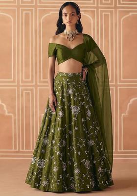 Olive Green Embroidered Silk Lehenga Set
