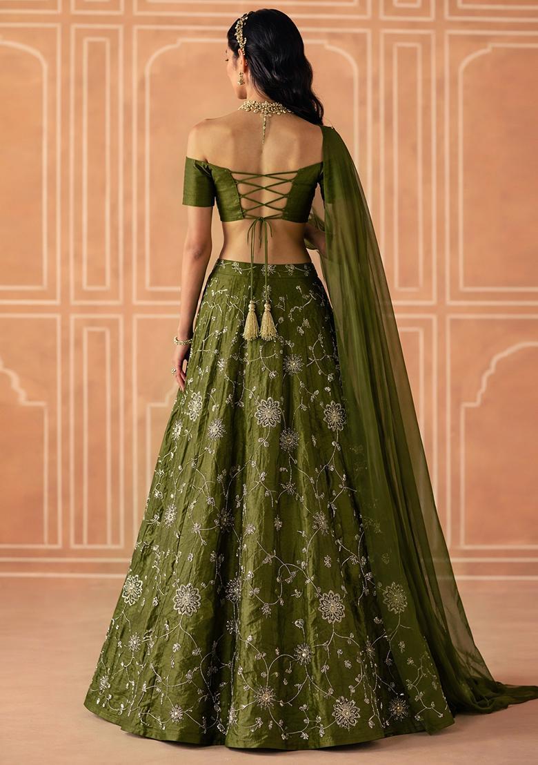 Olive Green Embroidered Silk Lehenga Set - Indya