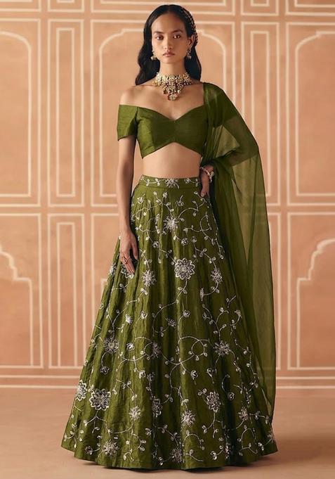 Olive Green Embroidered Silk Lehenga Set