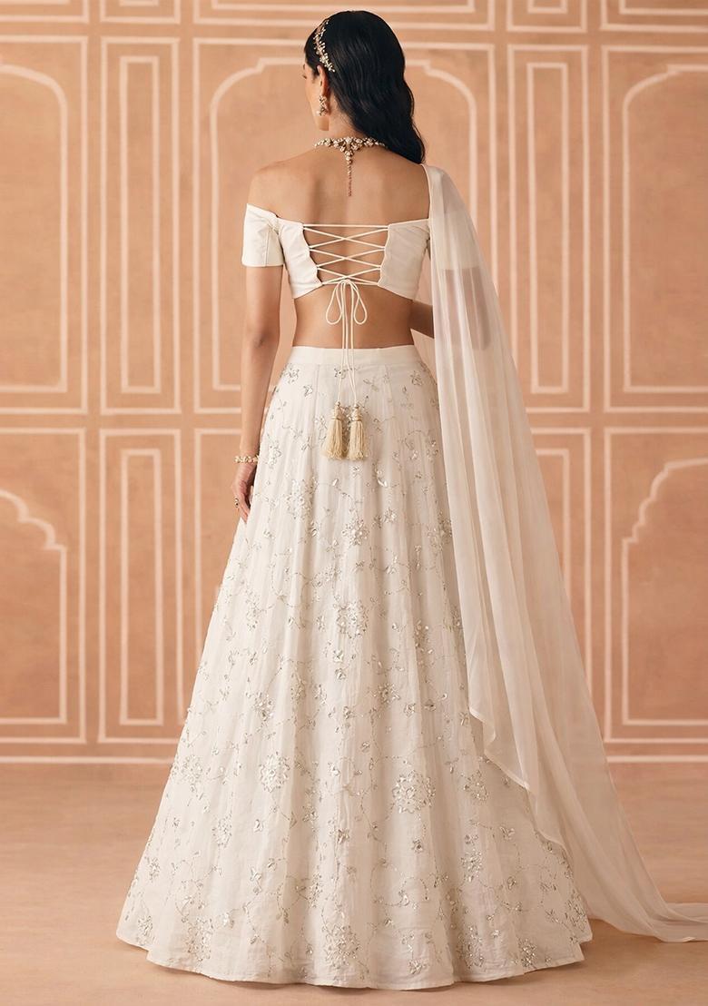 White Embroidered Silk Lehenga Set - Indya
