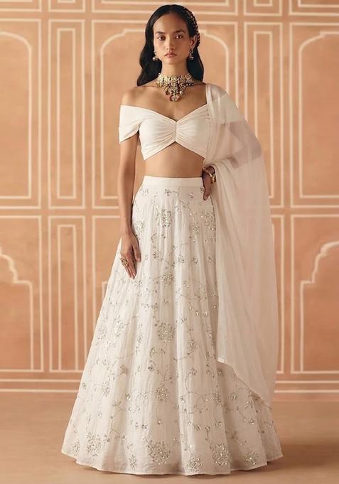 White Embroidered Silk Lehenga Set