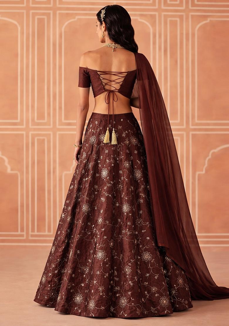 Brown Embroidered Silk Lehenga Set - Indya