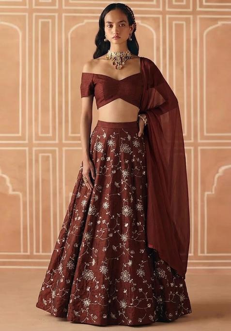 Brown Embroidered Silk Lehenga Set