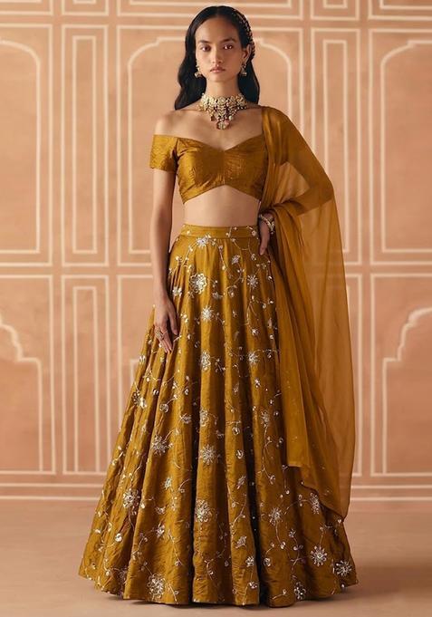 Olive Green Embroidered Silk Lehenga Set