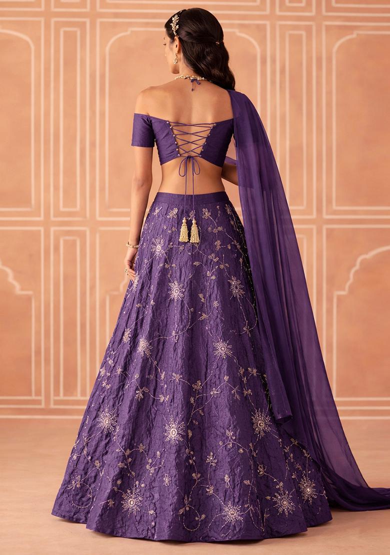 Purple Embroidered Silk Lehenga Set - Indya