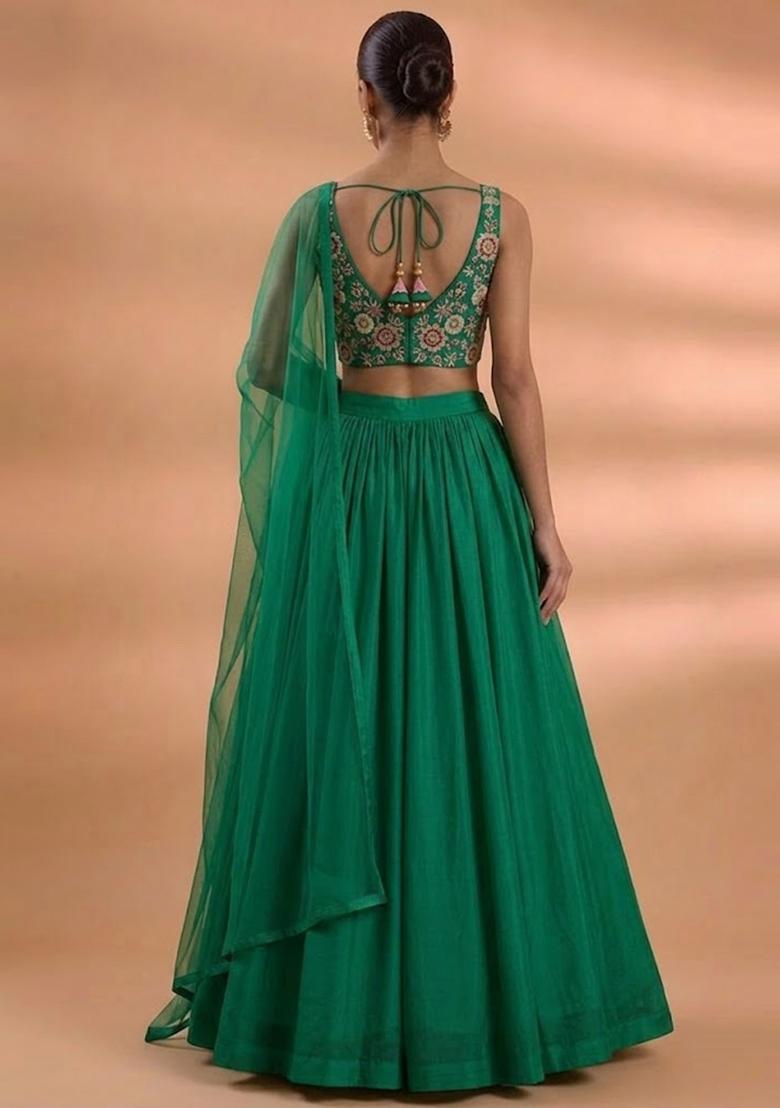 Emerald Green Embroidered Tissue Lehenga Set - Indya