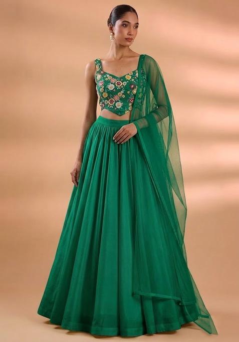 Emerald Green Embroidered Tissue Lehenga Set