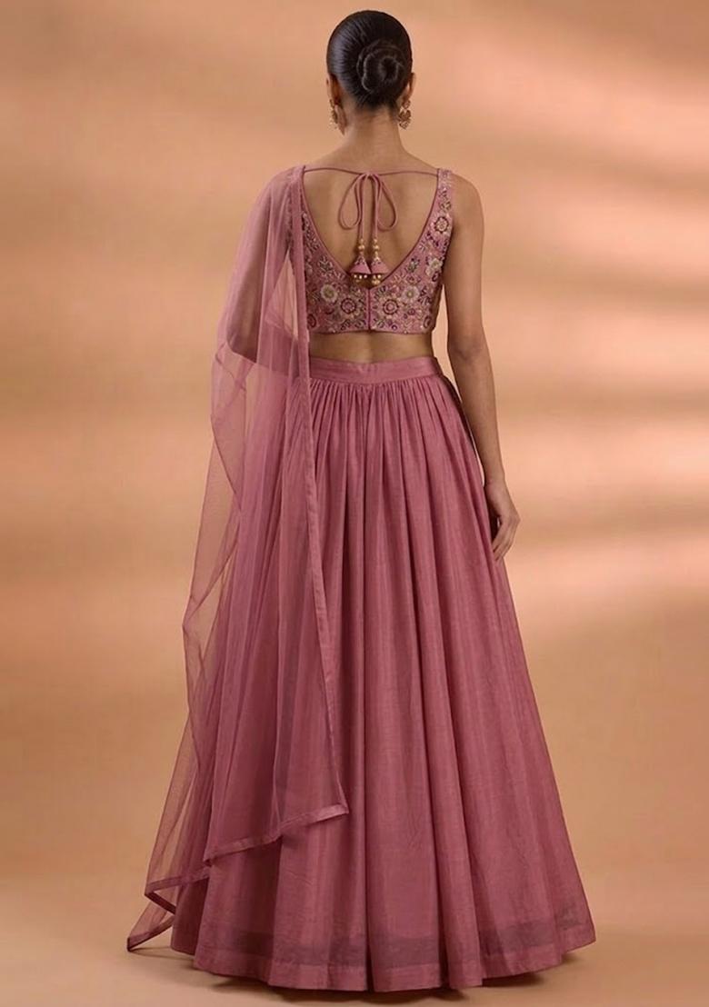 Pink Embroidered Tissue Lehenga Set - Indya