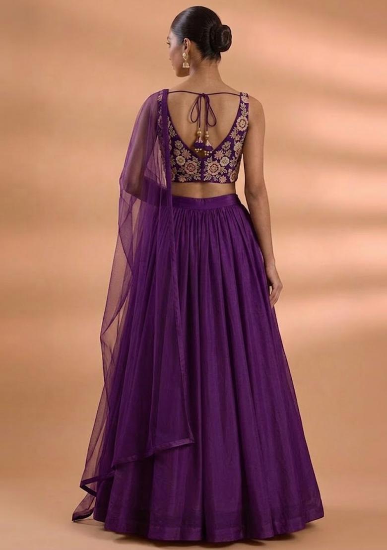 Purple Embroidered Tissue Lehenga Set - Indya