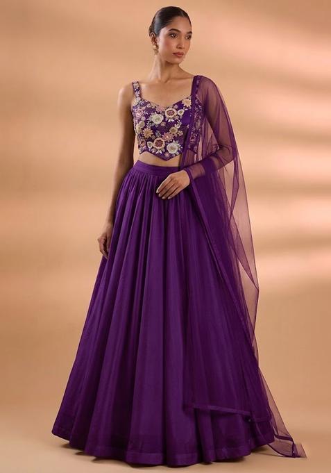Purple Embroidered Tissue Lehenga Set