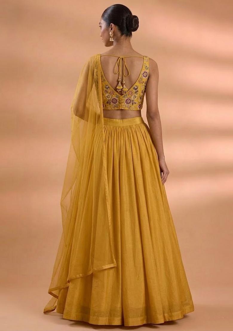 Yellow Embroidered Tissue Lehenga Set - Indya