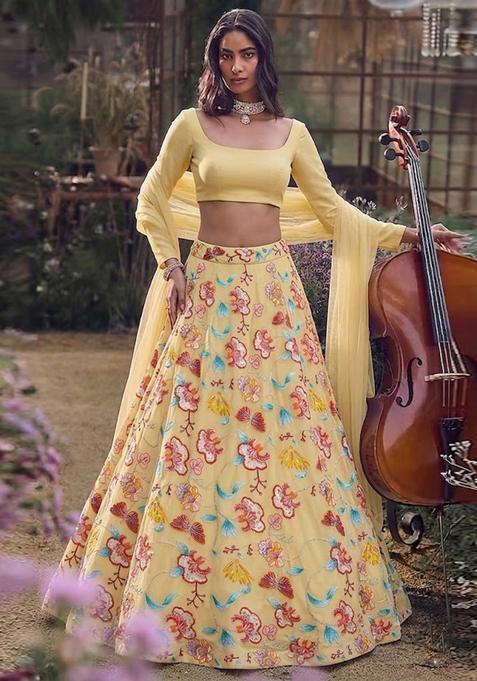 Pastel Yellow Printed Chinon Lehenga Set