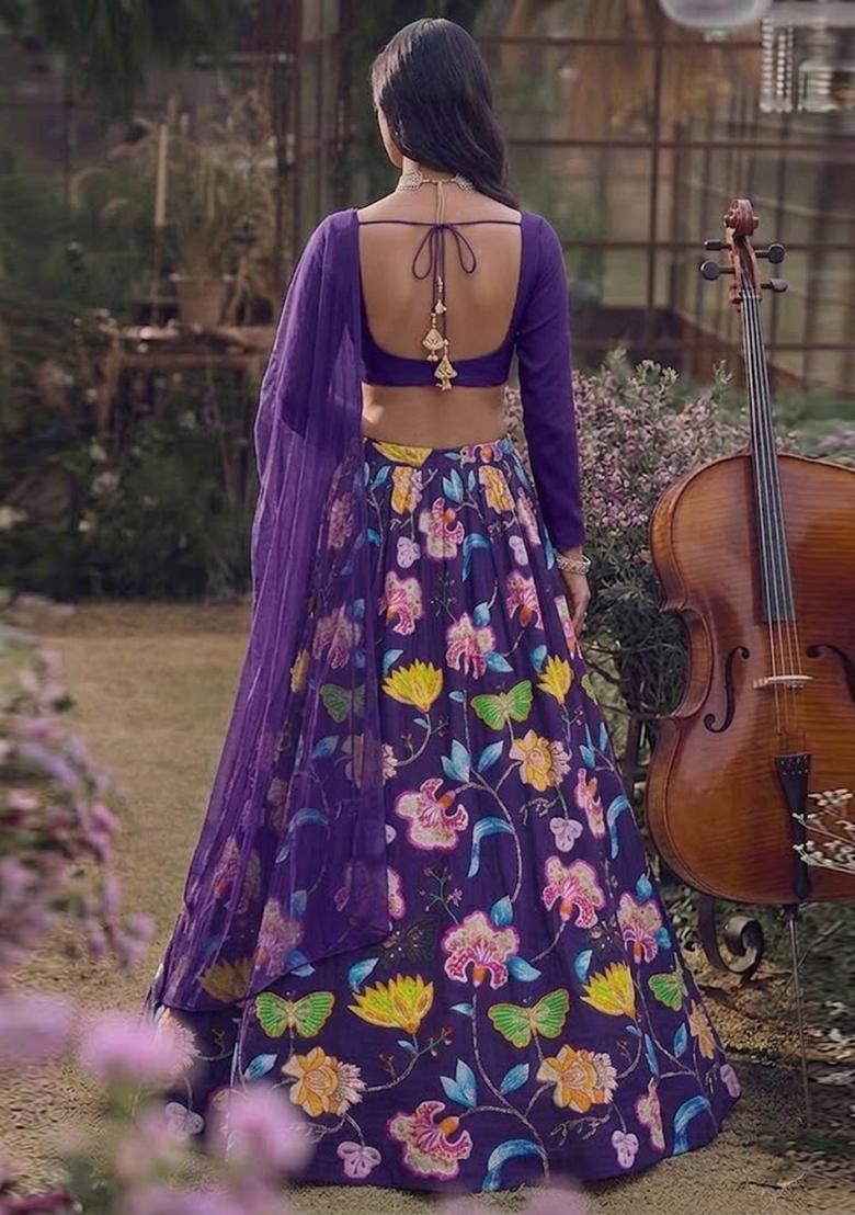 Purple Printed Chinon Lehenga Set - Indya