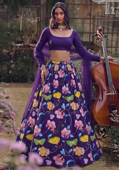 Purple Printed Chinon Lehenga Set