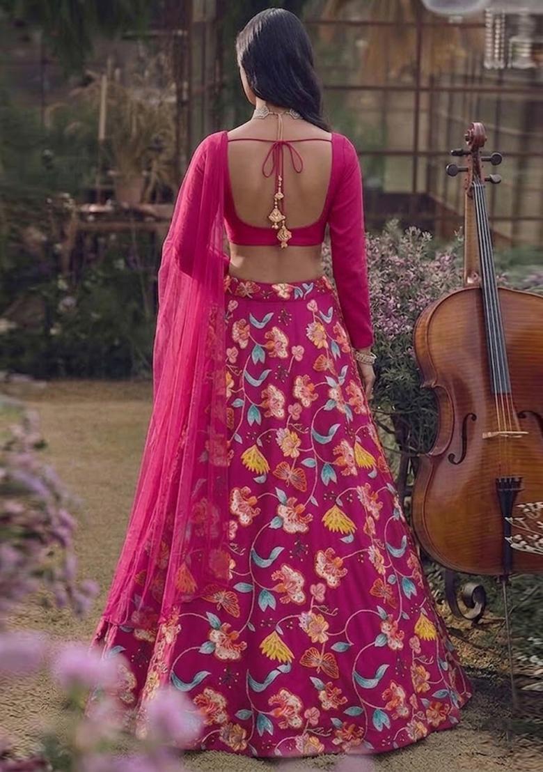 Pink Printed Chinon Lehenga Set - Indya