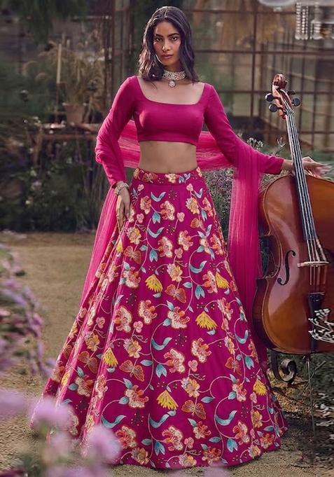 Pink Printed Chinon Lehenga Set
