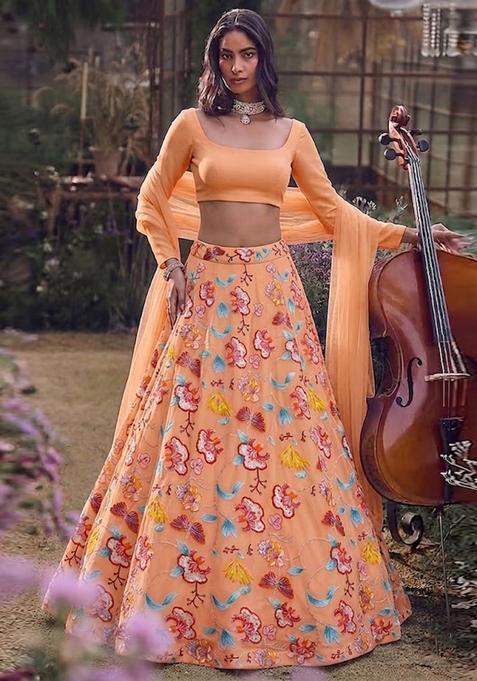 Peach Printed Chinon Lehenga Set