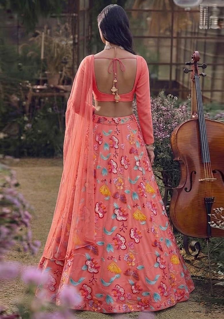 Pink Printed Chinon Lehenga Set - Indya