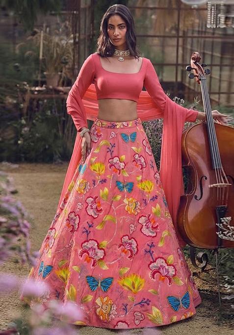 Pink Printed Chinon Lehenga Set