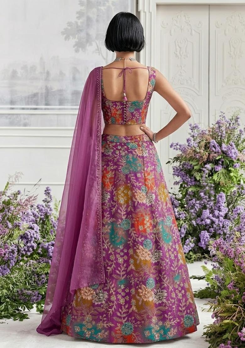 Pink Printed Crepe Lehenga Set - Indya