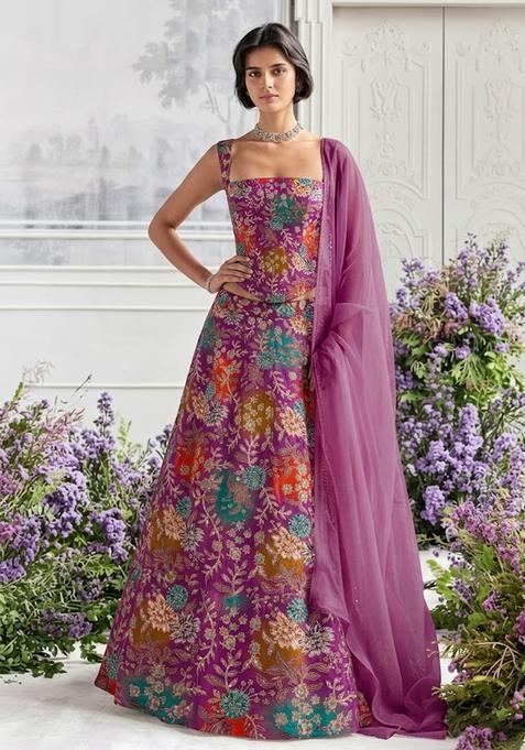 Pink Printed Crepe Lehenga Set