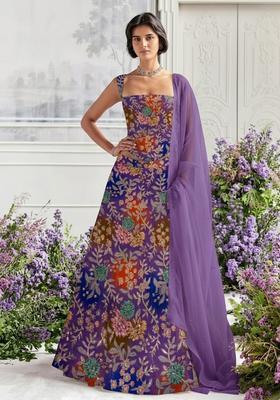 Purple Printed Crepe Lehenga Set