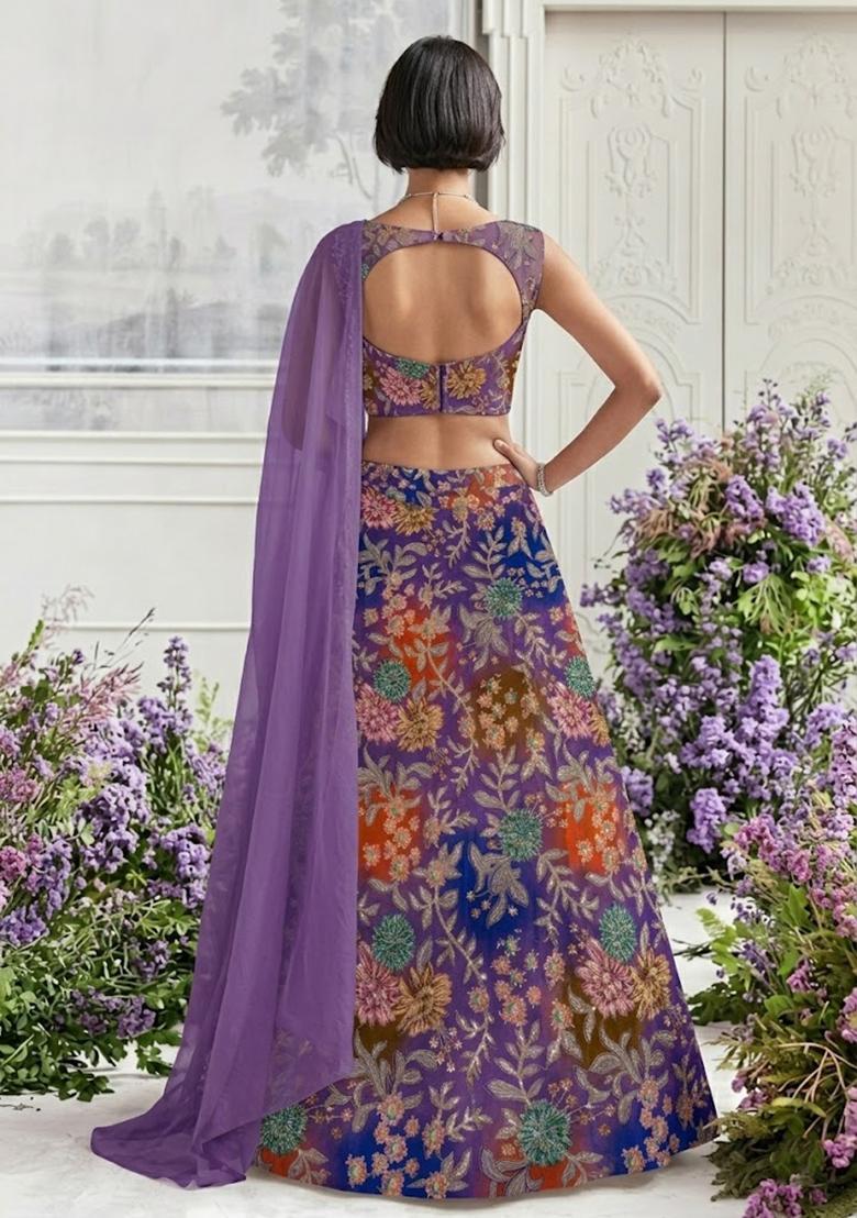 Purple Printed Crepe Lehenga Set - Indya