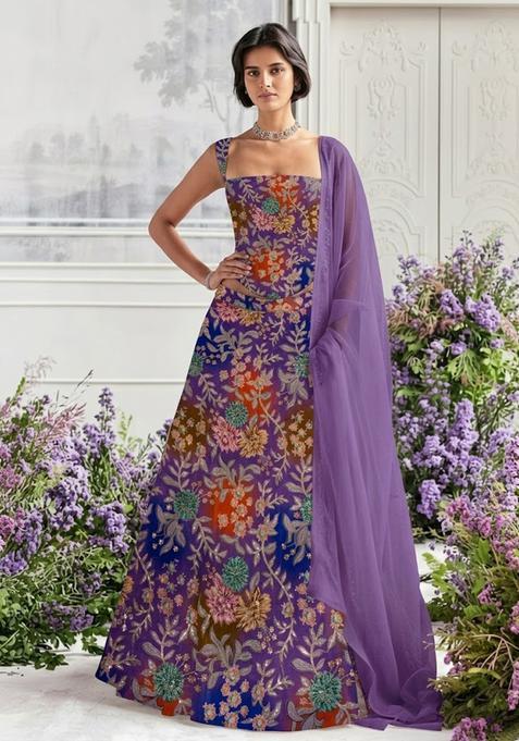 Purple Printed Crepe Lehenga Set