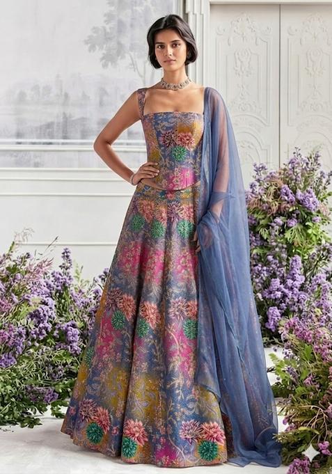 Midnight Blue Printed Crepe Lehenga Set
