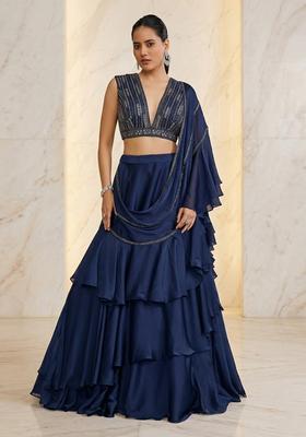 Navy Blue Embroidered Handwork Pre Draped Saree Set