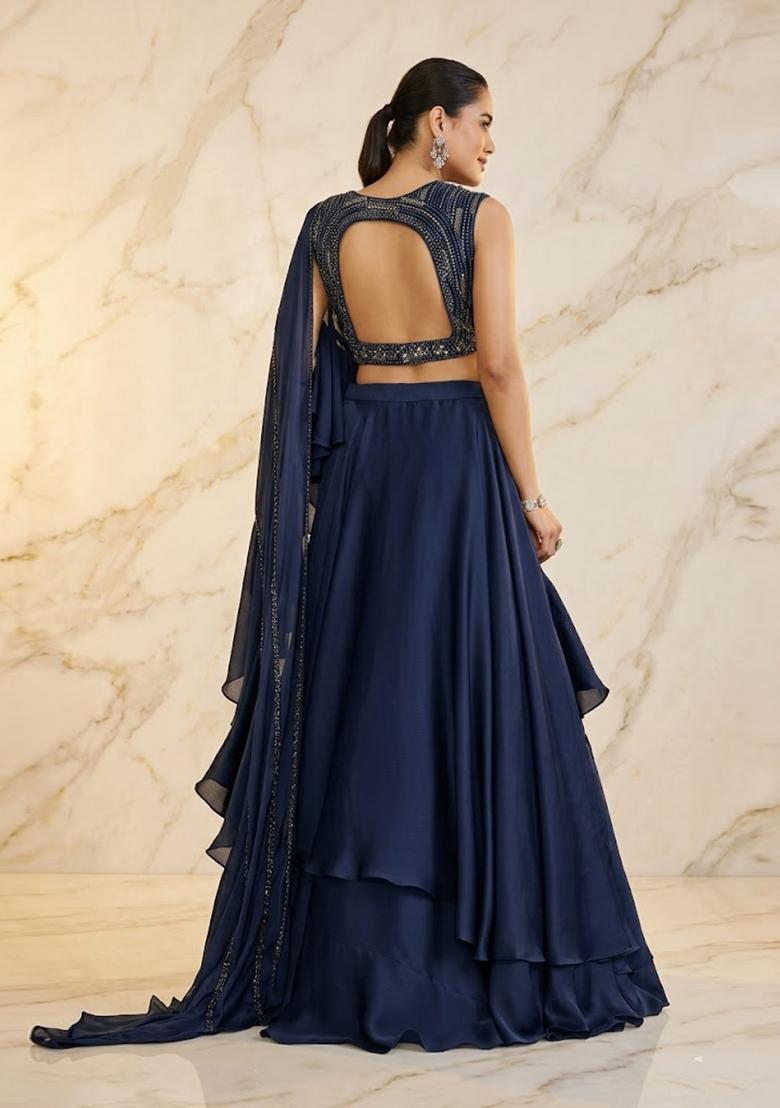 Navy Blue Embroidered Handwork Pre Draped Saree Set - Indya