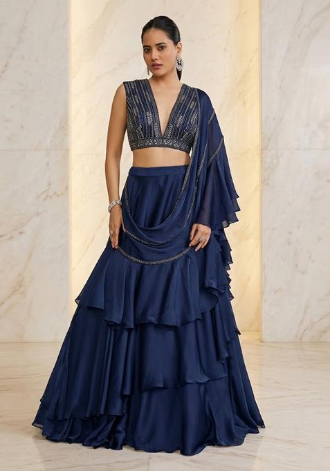 Navy Blue Embroidered Handwork Pre Draped Saree Set
