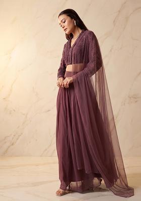 Mauve Purple Embroidered Handwork Fusion Set