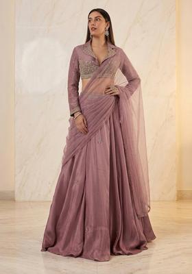 Dusty Rose Pink Embroidered Handwork Fusion Set