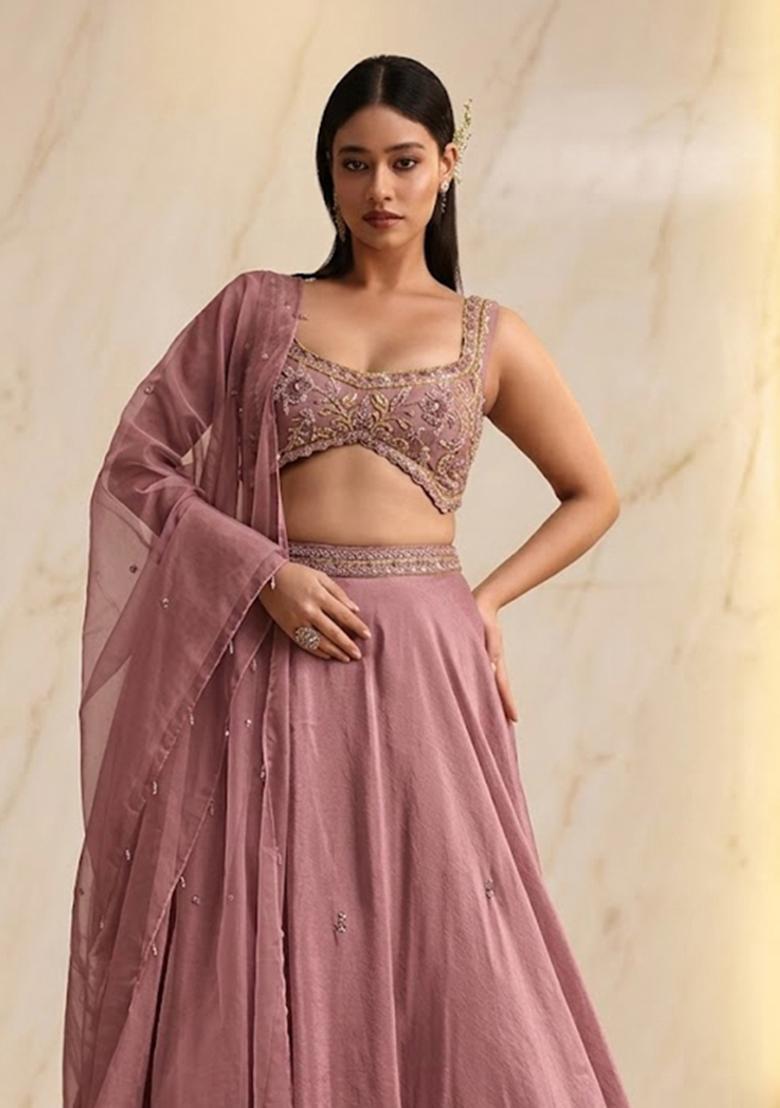Dusty Pink Embroidered Handwork Lehenga Set - Indya