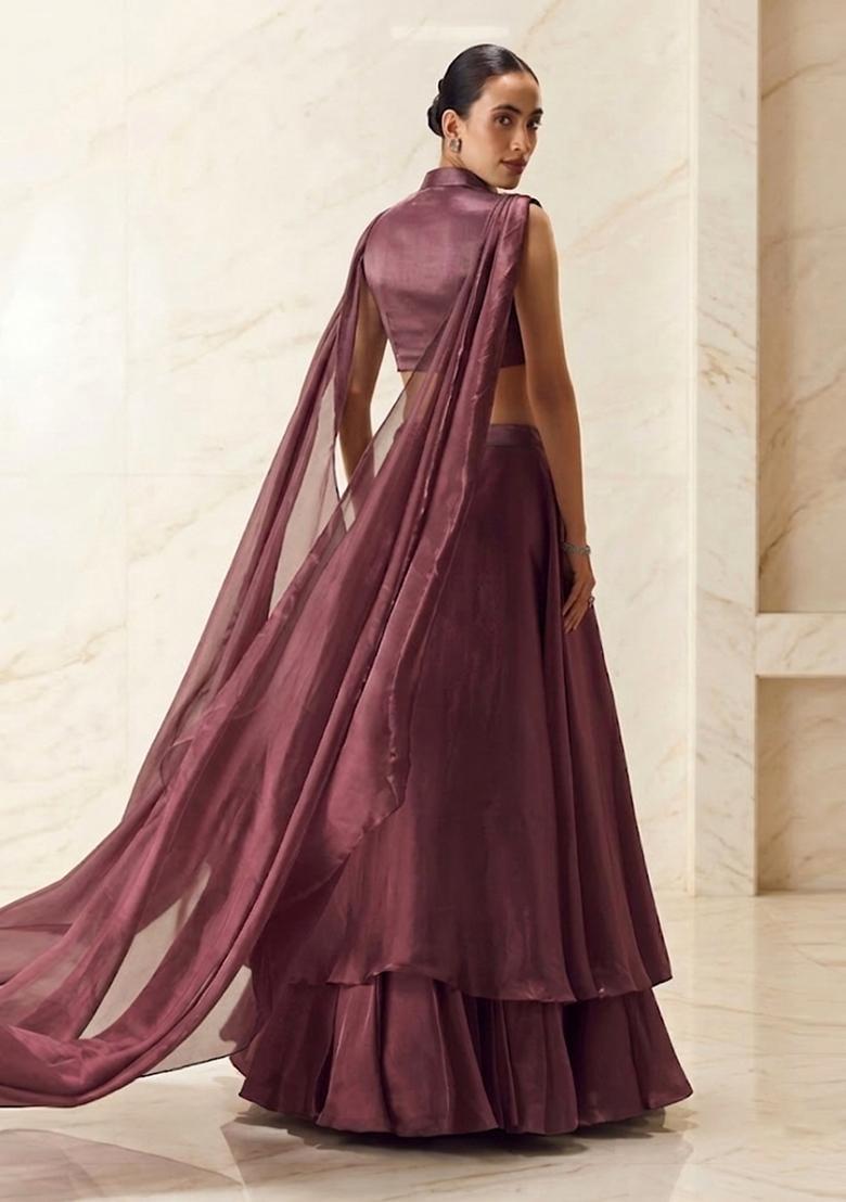 Dusty Mauve Embroidered Handwork Lehenga Set - Indya