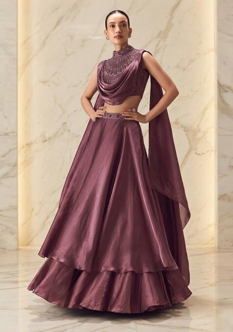 Dusty Mauve Embroidered Handwork Lehenga Set