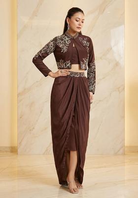 Dark Brown Embroidered Handwork Fusion Set