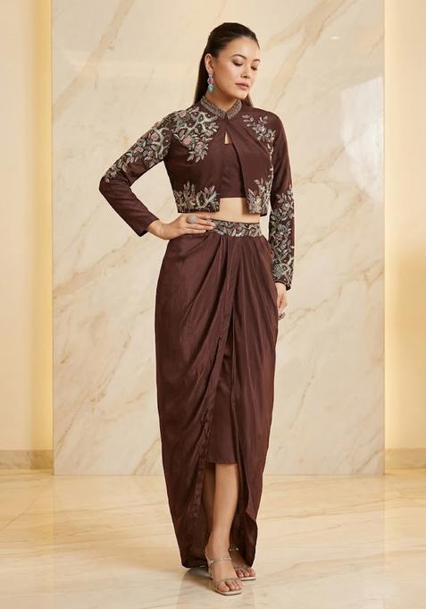Dark Brown Embroidered Handwork Fusion Set