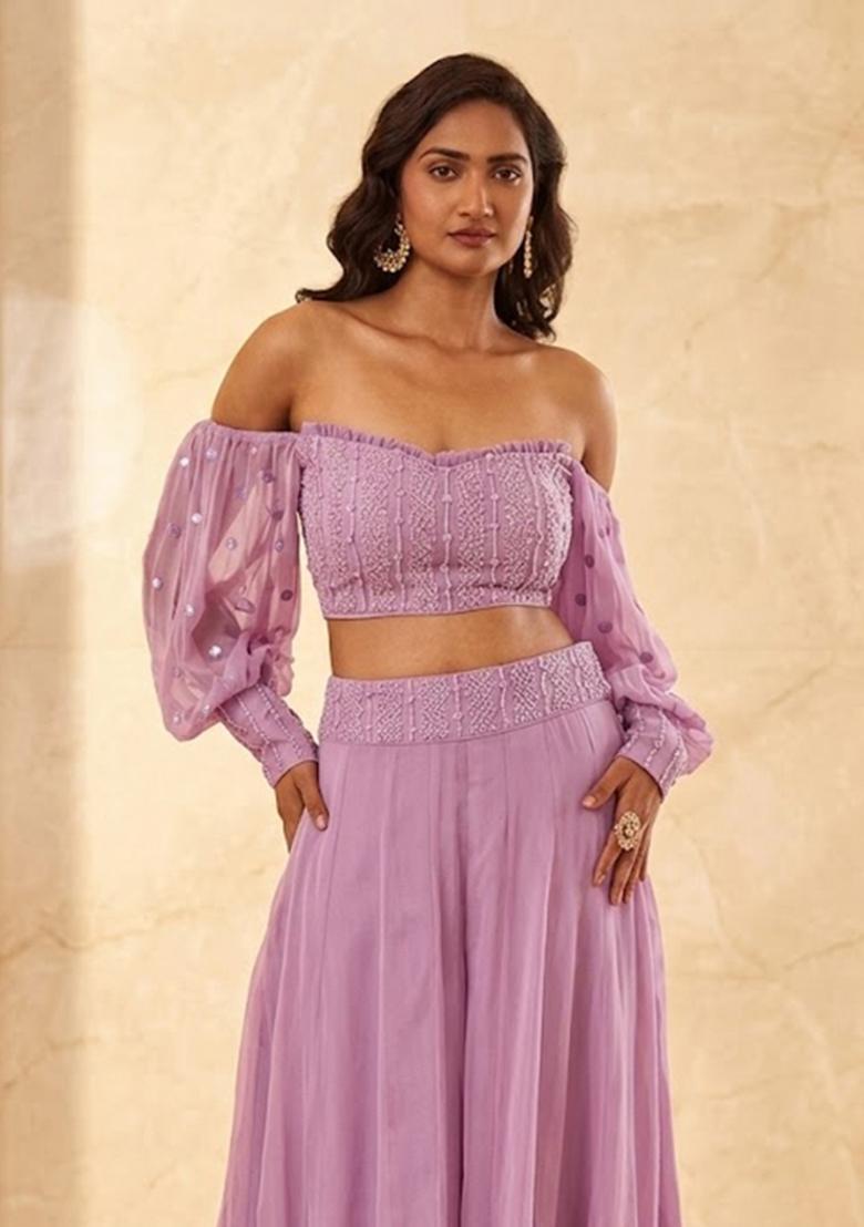 Lilac Pink Embroidered Handwork Lehenga Set - Indya