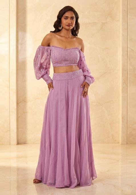 Lilac Pink Embroidered Handwork Lehenga Set