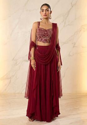 Maroon Red Embroidered Handwork Lehenga Set
