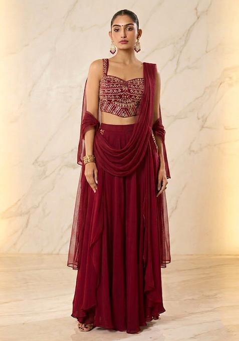 Maroon Red Embroidered Handwork Lehenga Set