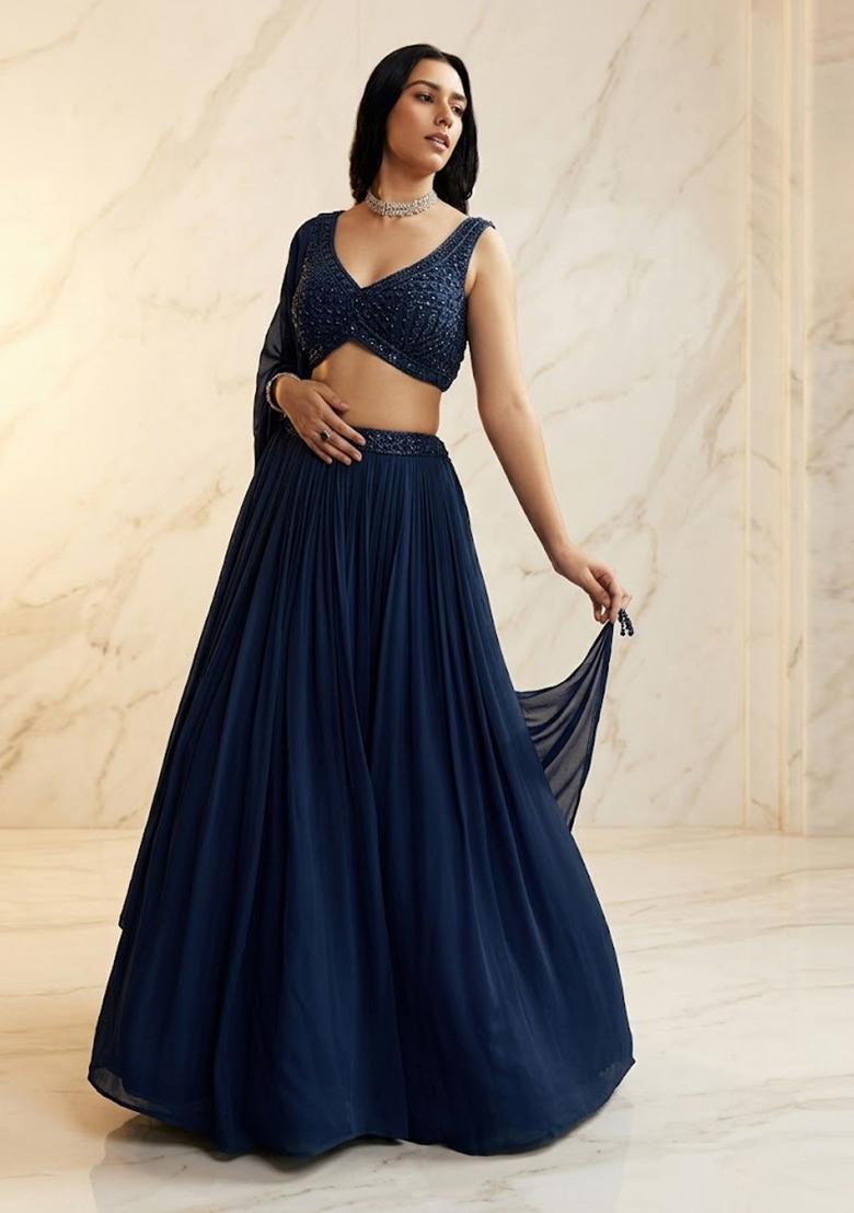 Midnight Navy Embroidered Handwork Lehenga Set - Indya