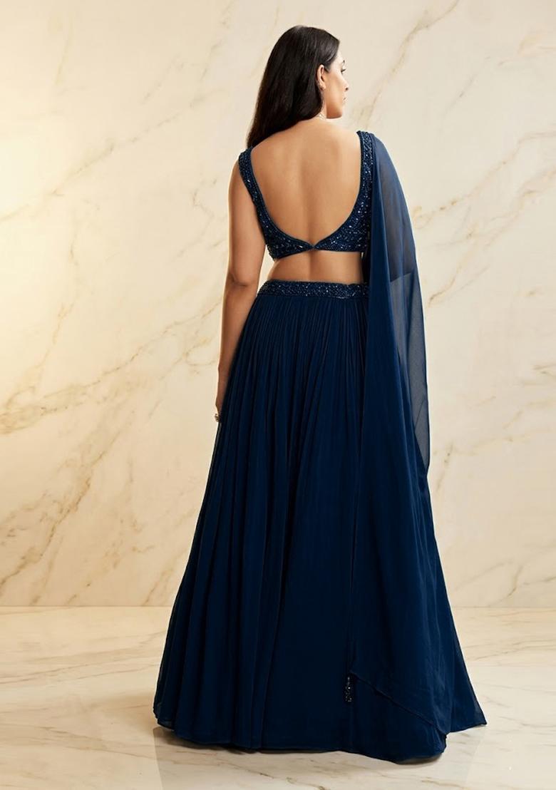 Midnight Navy Embroidered Handwork Lehenga Set - Indya