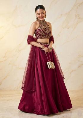 Wine Magenta Embroidered Handwork Lehenga Set