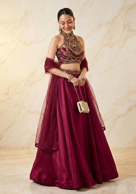 Wine Magenta Embroidered Handwork Lehenga Set