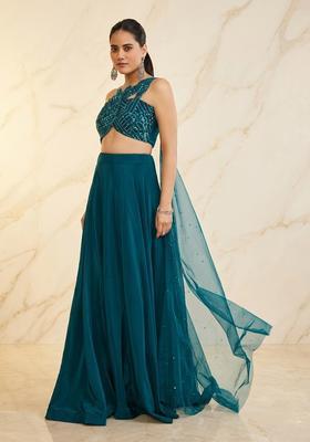 Teal Blue Embroidered Handwork Lehenga Set